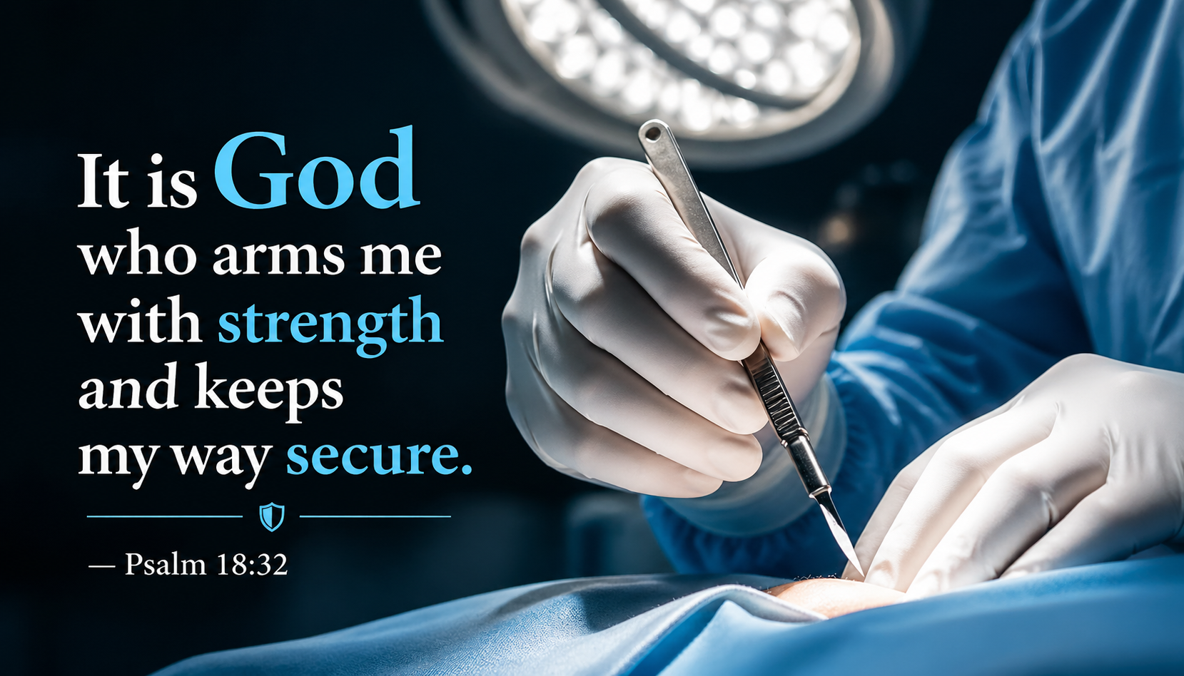Bible verse wallpaper Psalm 18:32 with surgeon gloved hands holding scalpel in bright surgical light focused and precise